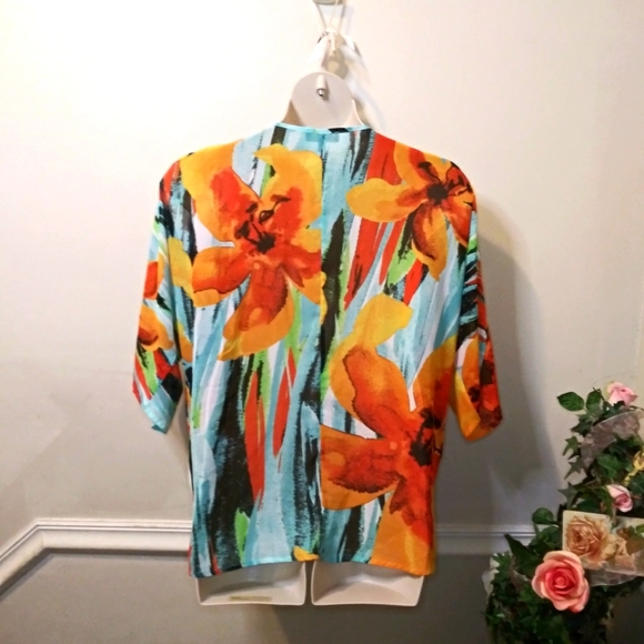 Melissa Paige Orange, Green/Blue Tropical Floral Beaded Tunic Top Swimsuit Cover - Picture 5 of 9